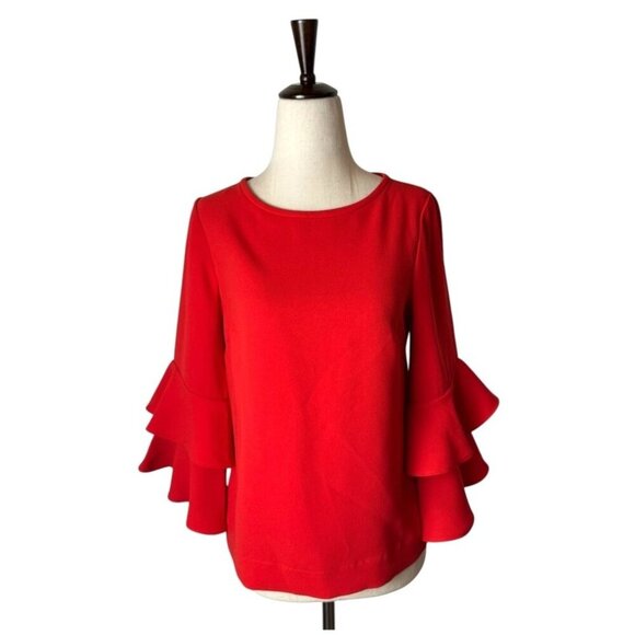 J Crew Shirt Women 00 Petite Red Crepe Lana Tiered Bell Sleeve Blouse NWT Preppy - Picture 2 of 14